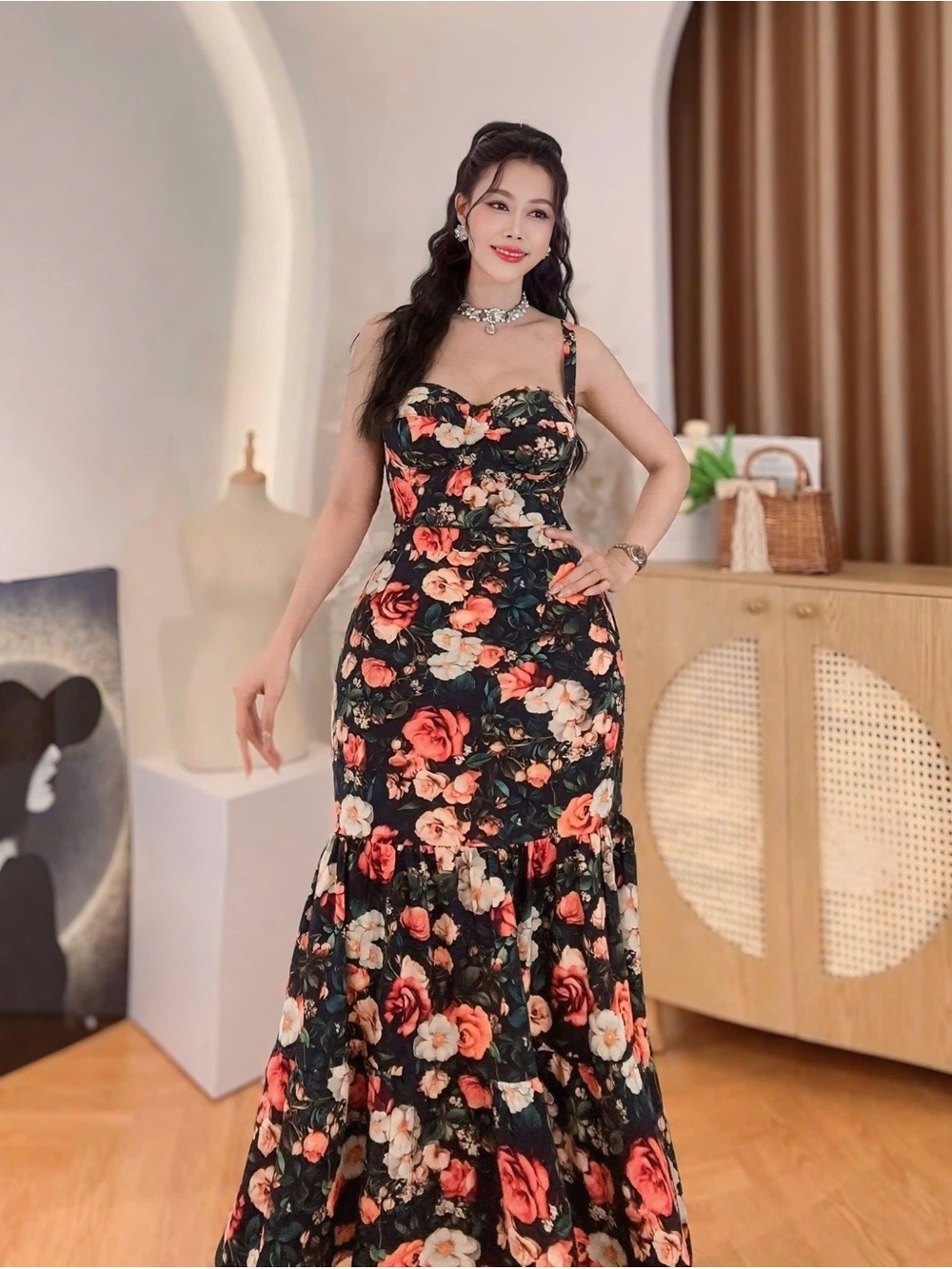 Backless Floral Mermaid Maxi Dress - Black with Coral & Cream Blossoms